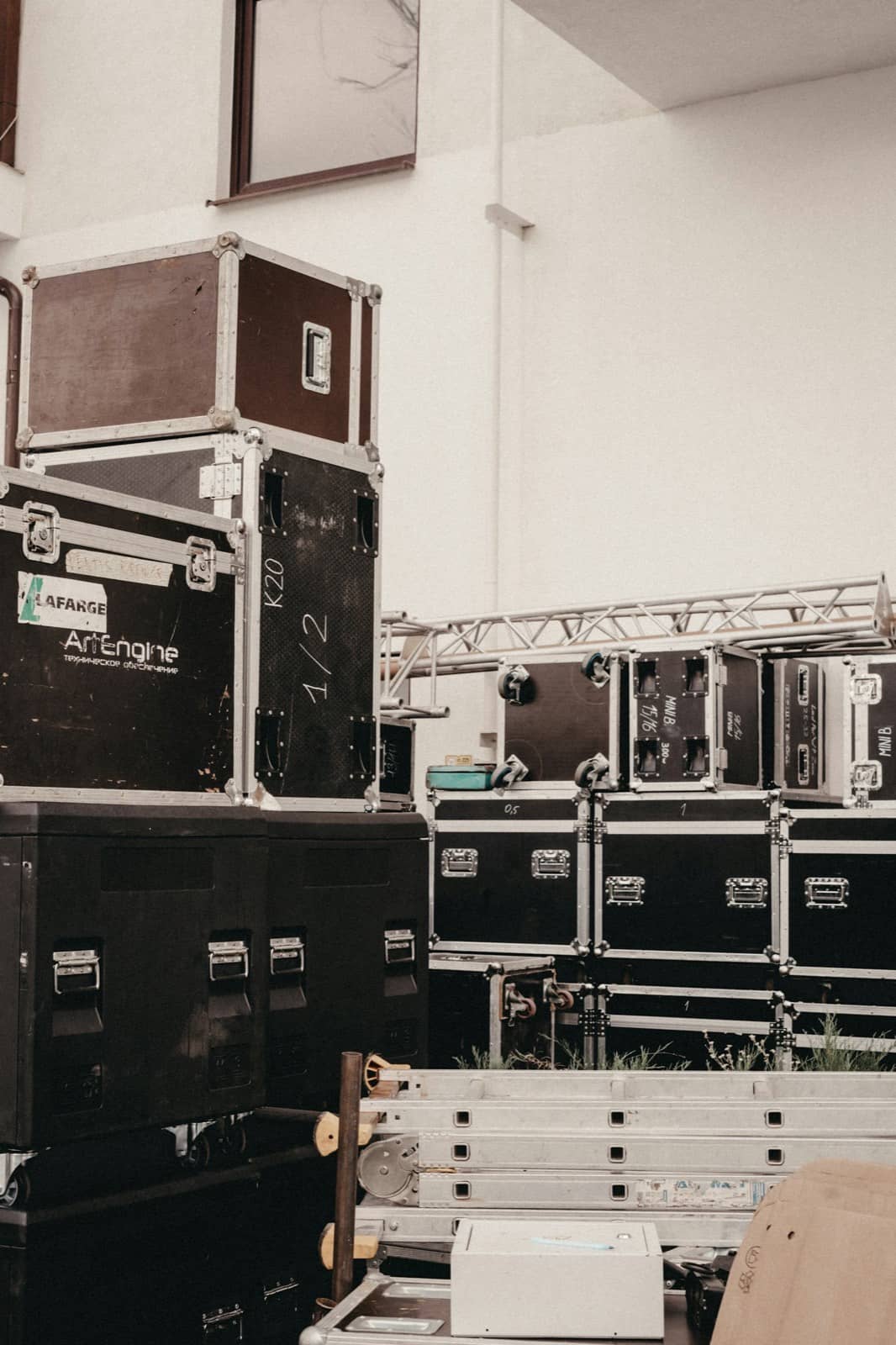 Stacked flight cases backstage
