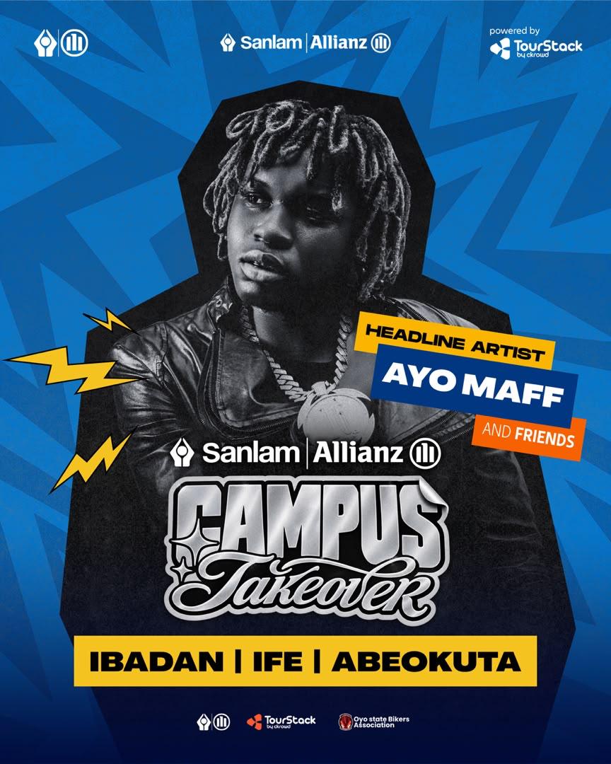 Official flyer: Sanlam Allianz Campus Takeover, headline artist Ayo Maff & Friends, Ife, Ibadan, Abeokuta
